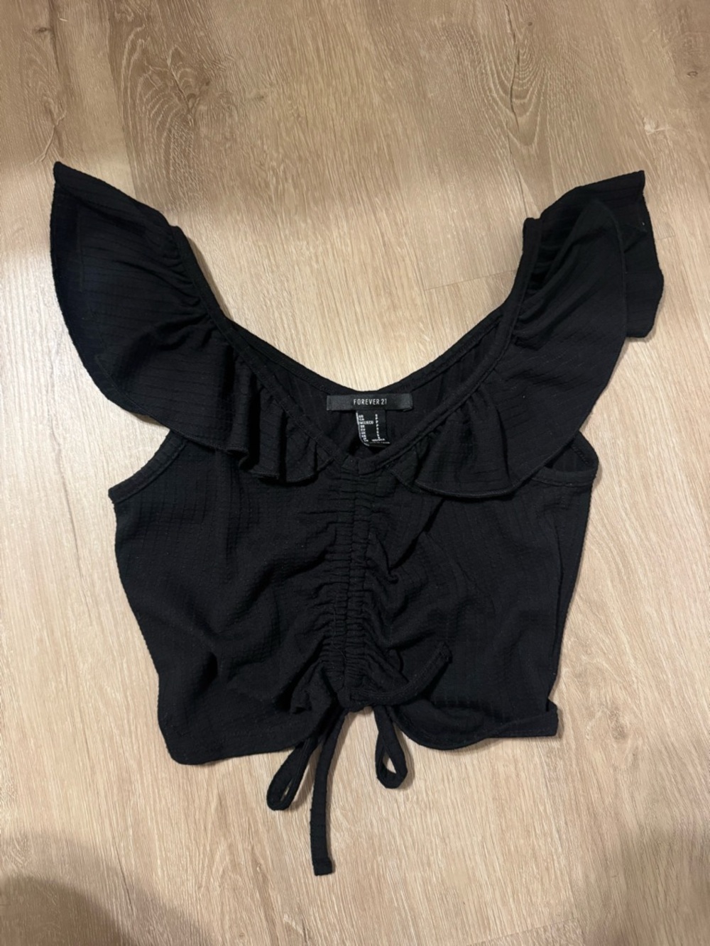 Black Ruffle Drawstring Crop Top *Amount of crop is adjustable - see photos